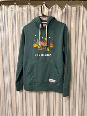 Life Is Good Men's Teal Green Hoodie with Campfire Graphic